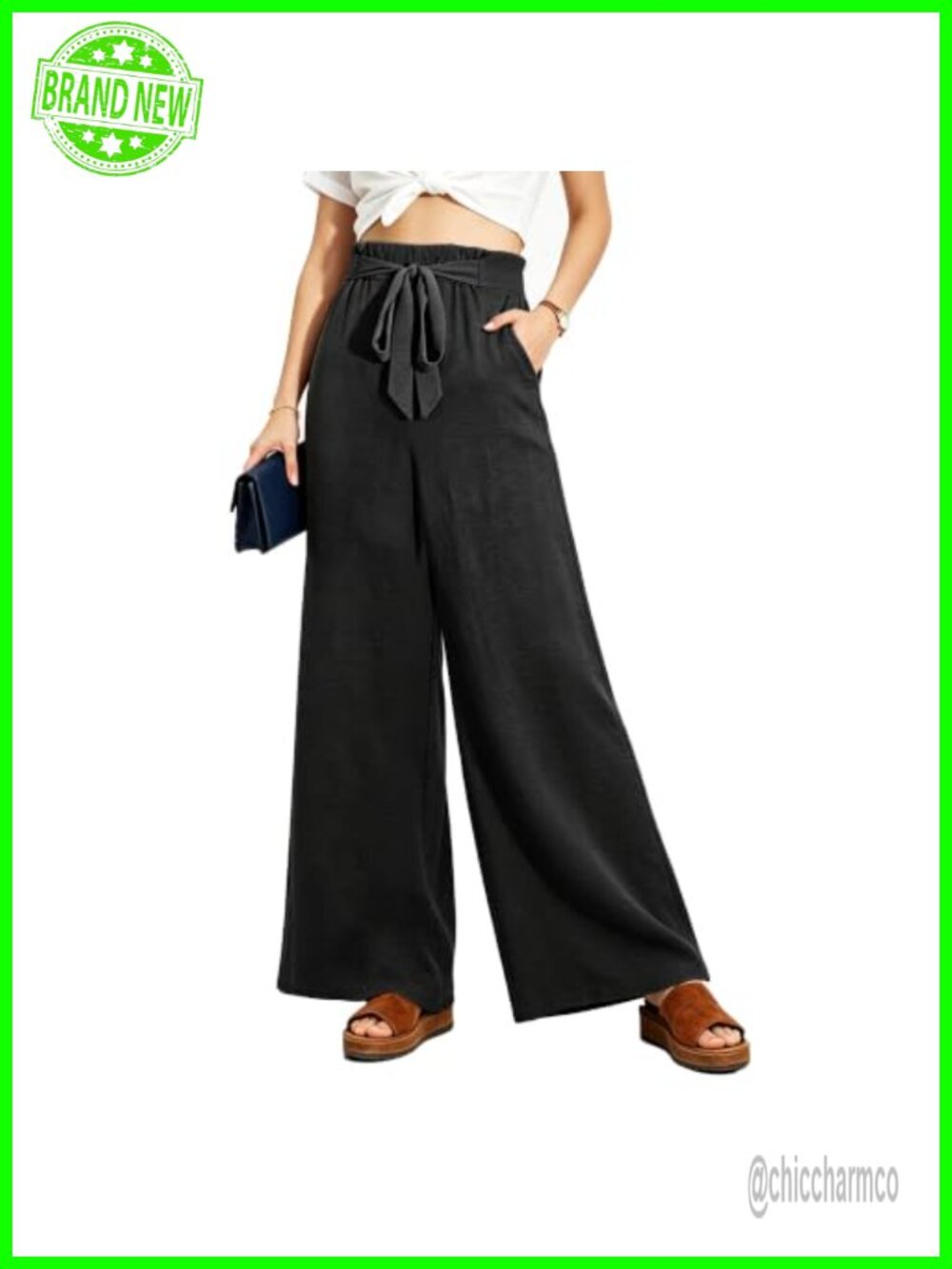 Women's Wide Leg Palazzo Pants Cropped High Waisted Flowy Trousers with Pockets